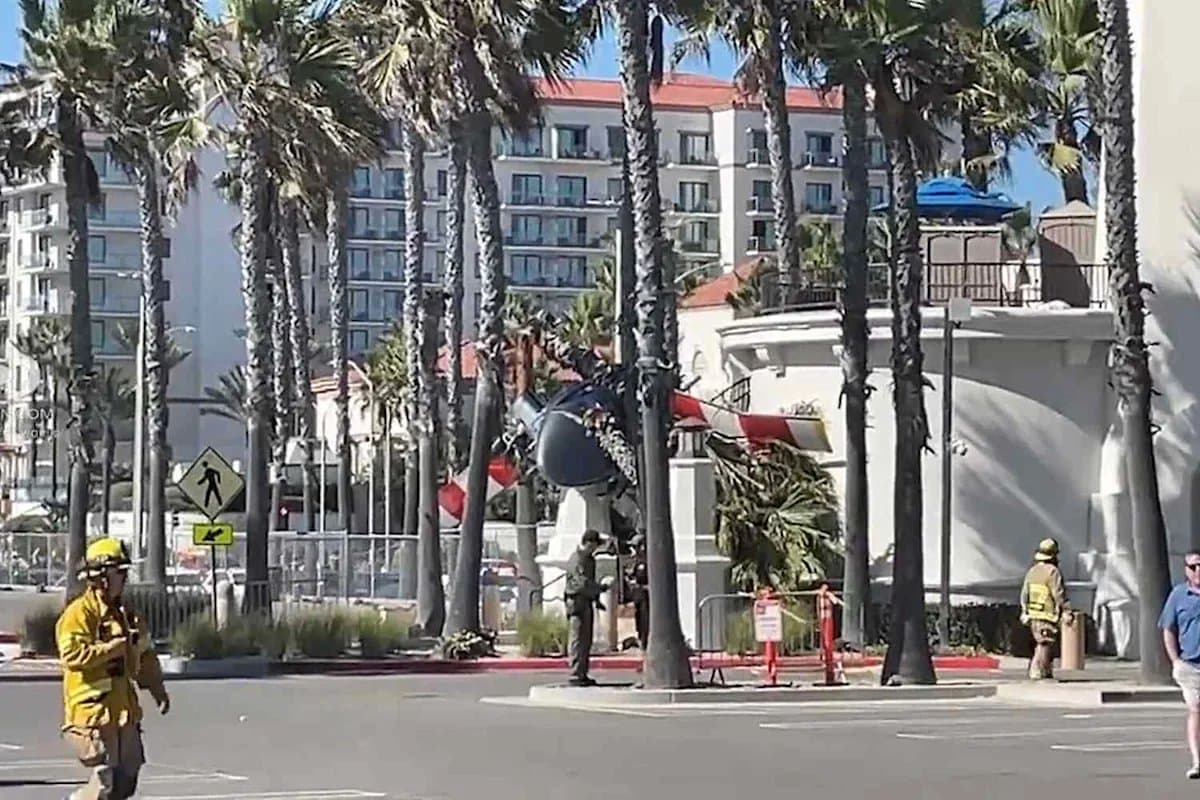 Helicopter spins out of control into palm trees at popular California beach