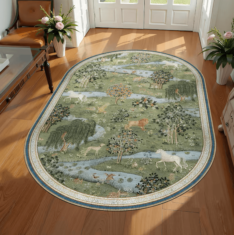 Enchanted Forest Oval Rug: Washable Medieval Tapestry Area Mat - Image 1