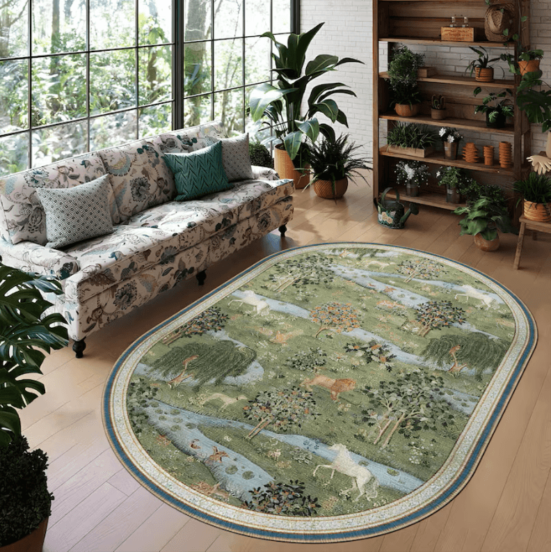 Enchanted Forest Oval Rug: Washable Medieval Tapestry Area Mat - Image 2