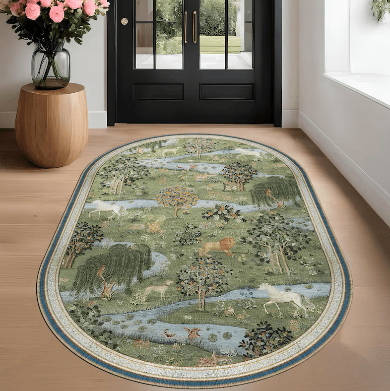 Enchanted Forest Oval Rug: Washable Medieval Tapestry Area Mat - Image 4
