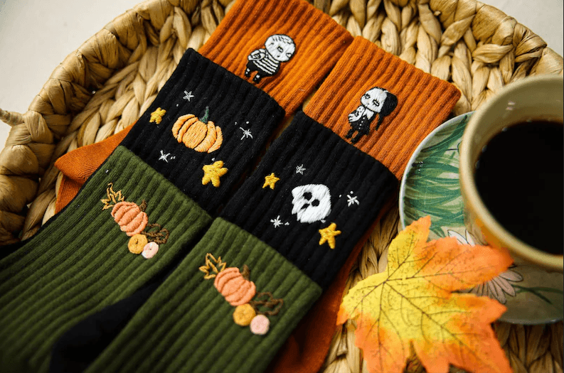 Hand-Embroidered Halloween Crew Socks: Spooky Gothic & Fall Fun - Image 2