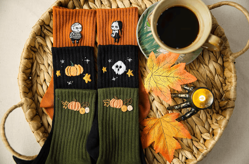 Hand-Embroidered Halloween Crew Socks: Spooky Gothic & Fall Fun - Image 1