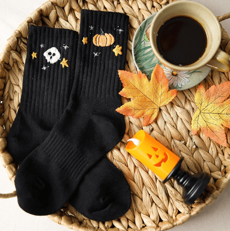 Hand-Embroidered Halloween Crew Socks: Spooky Gothic & Fall Fun - Image 7