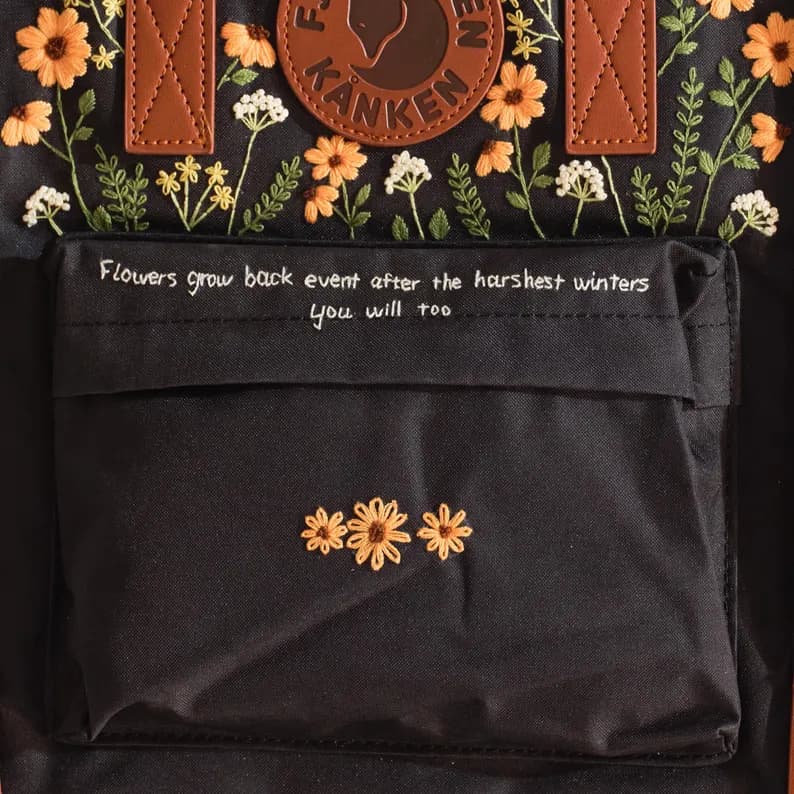 Hand-Embroidered Kanken Backpack: Sunflower & Wildflower Design (Custom Name) - Image 4