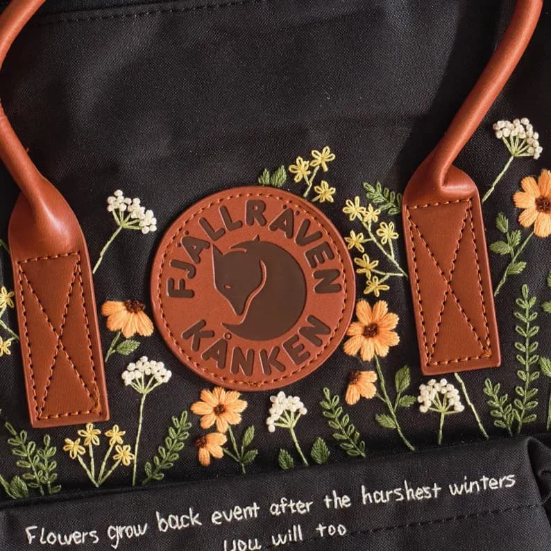 Hand-Embroidered Kanken Backpack: Sunflower & Wildflower Design (Custom Name) - Image 2