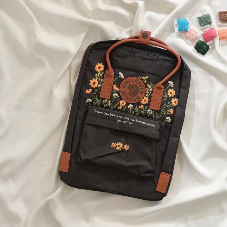 Hand-Embroidered Kanken Backpack: Sunflower & Wildflower Design (Custom Name) - Image 3