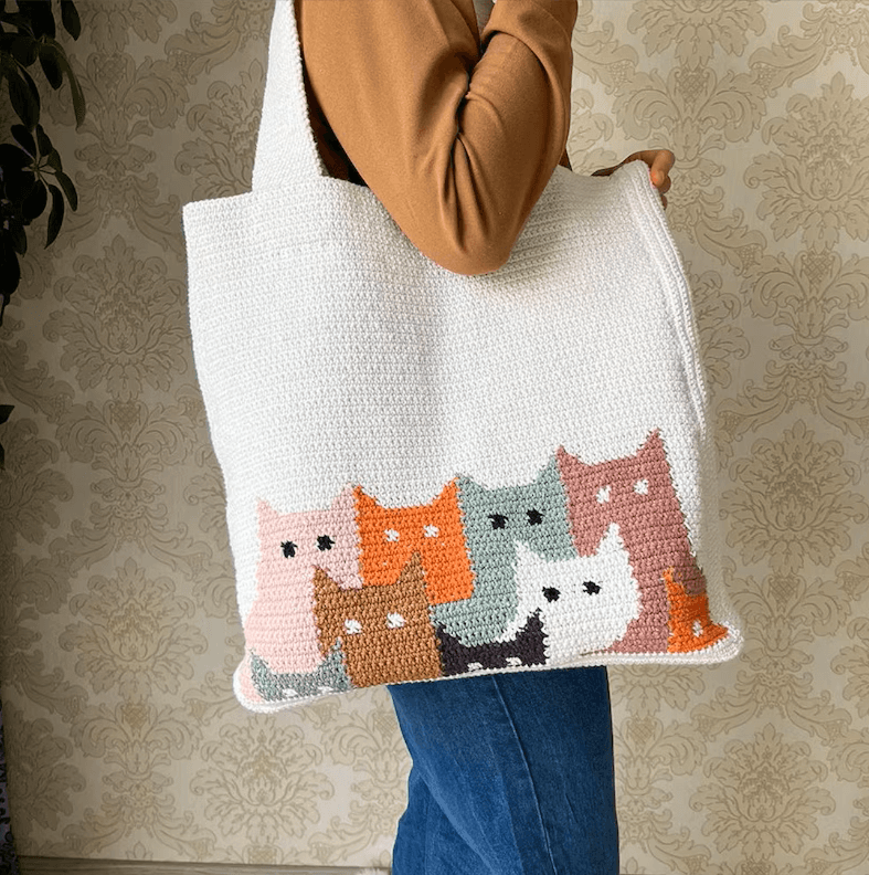 Handmade Crochet Cat Tote Bag - Colorful Kitty Everyday Purse - Image 3