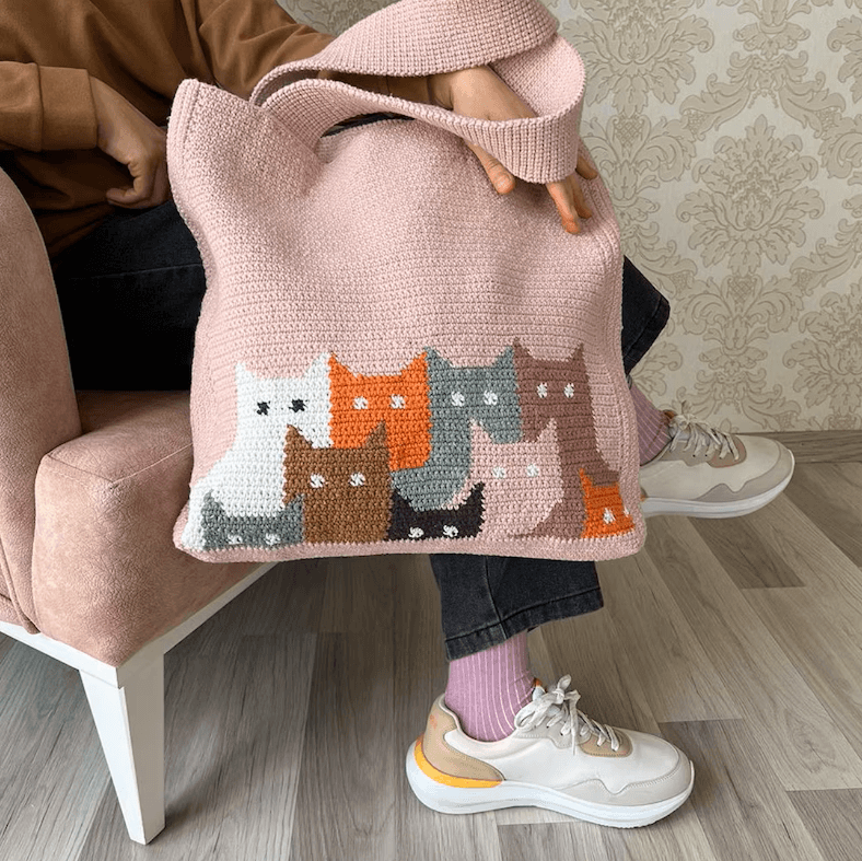 Handmade Crochet Cat Tote Bag - Colorful Kitty Everyday Purse - Image 4