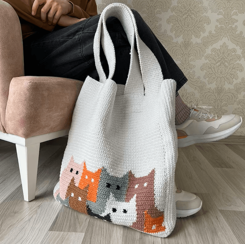 Handmade Crochet Cat Tote Bag - Colorful Kitty Everyday Purse - Image 2