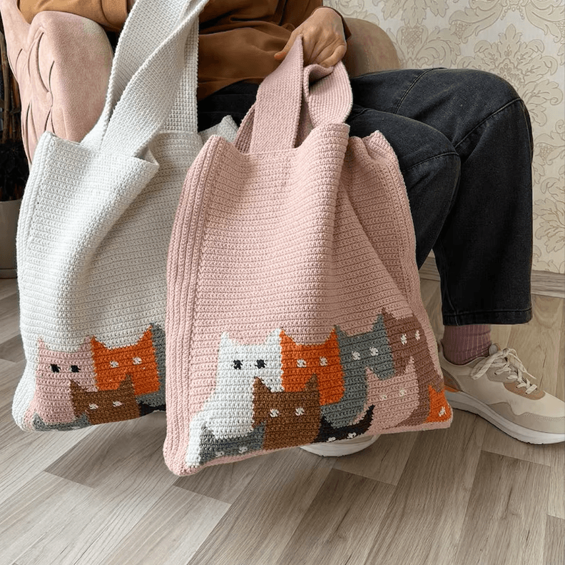 Handmade Crochet Cat Tote Bag - Colorful Kitty Everyday Purse - Image 6