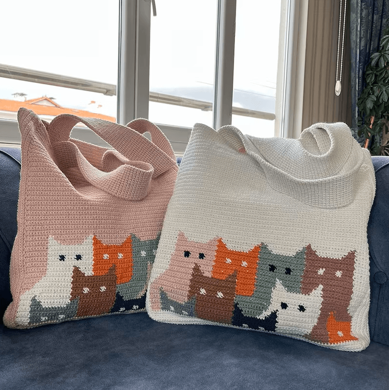 Handmade Crochet Cat Tote Bag - Colorful Kitty Everyday Purse - Image 1