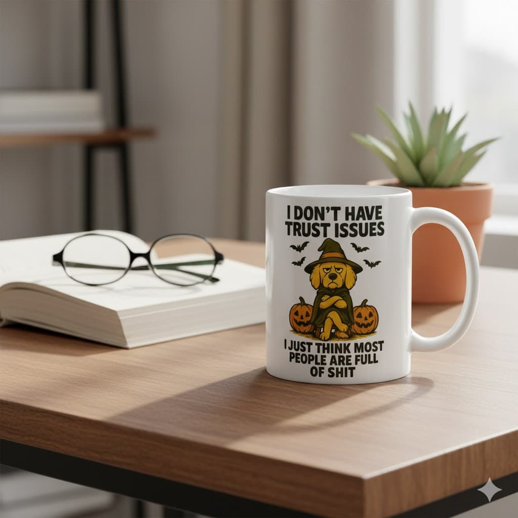 I Don’t Have Trust Issues Halloween Mug – Funny Golden Retriever Witch Coffee Cup - Image 4