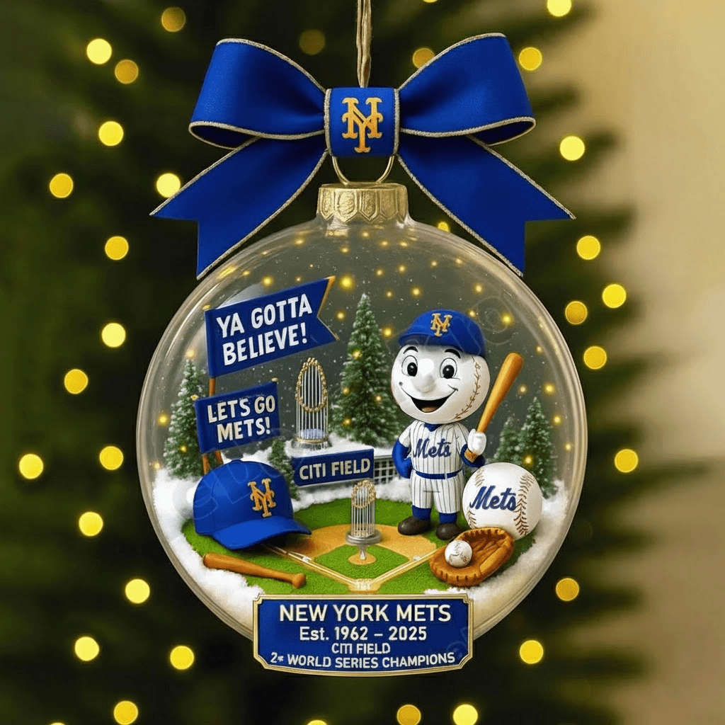New York Mets 2x Champions Snow Globe Ornament - Image 1