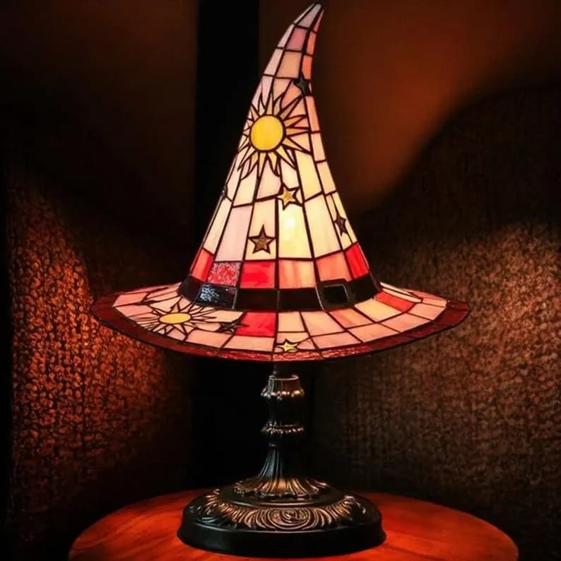 Vintage Stained Glass Witch Hat Lamp – Gothic Halloween LED Table Light - Image 5