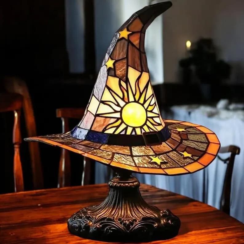 Vintage Stained Glass Witch Hat Lamp – Gothic Halloween LED Table Light - Image 4