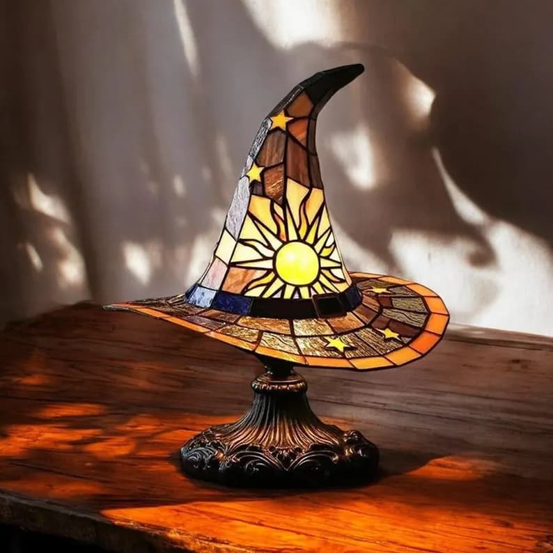 Vintage Stained Glass Witch Hat Lamp – Gothic Halloween LED Table Light - Image 2