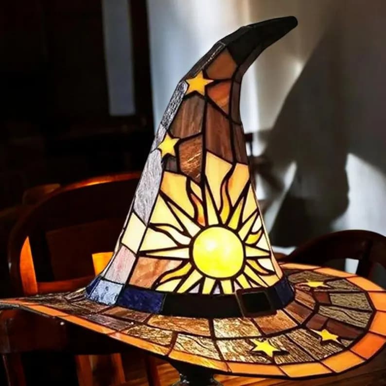 Vintage Stained Glass Witch Hat Lamp – Gothic Halloween LED Table Light - Image 3