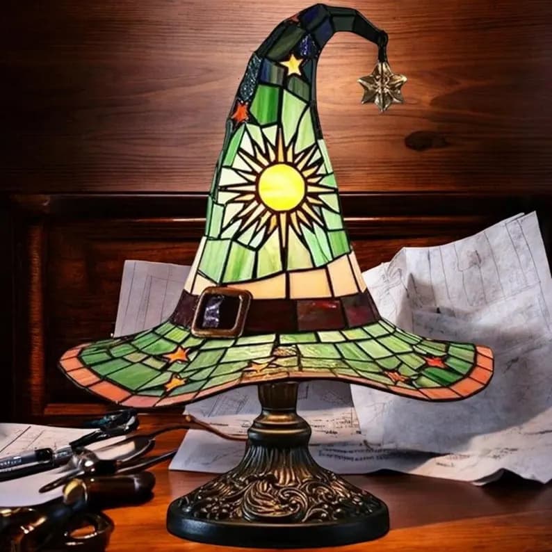 Vintage Stained Glass Witch Hat Lamp – Gothic Halloween LED Table Light - Image 1