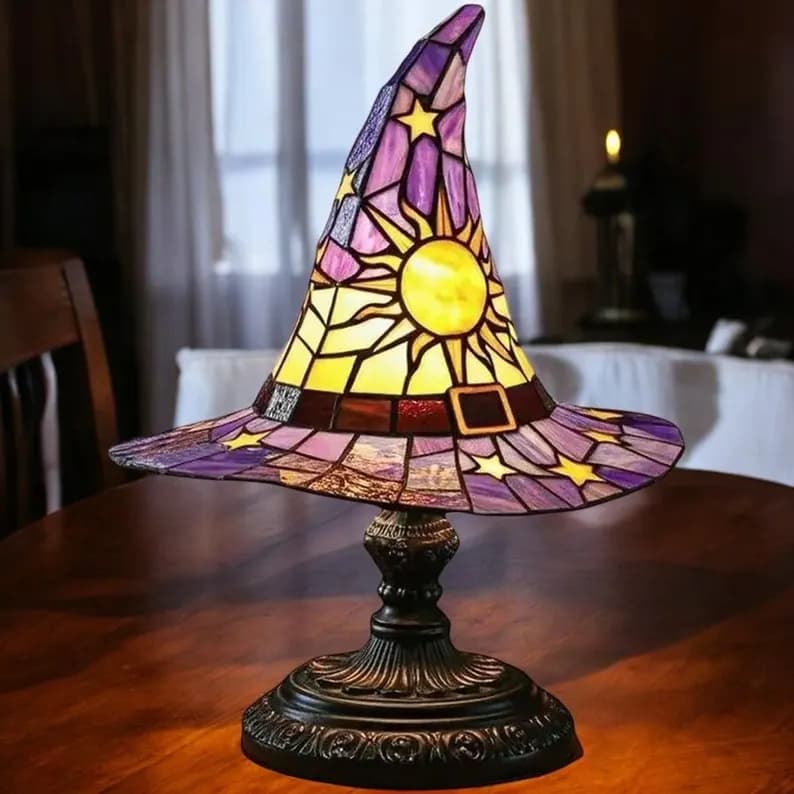 Vintage Stained Glass Witch Hat Lamp – Gothic Halloween LED Table Light - Image 6