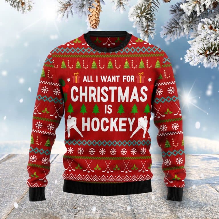 "All I Want For Christmas Is Hockey" Ugly Sweater - Unisex Knit Holiday Jumper - Image 1