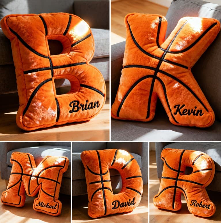 Custom Name Letter Pillow | Personalized Basketball Alphabet Cushion - Image 1