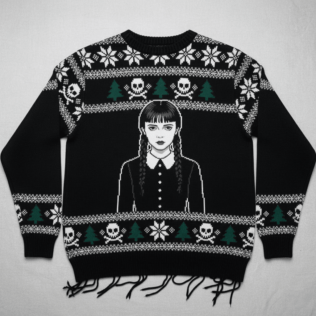 Nevermore Holiday: Wednesday Addams Christmas Ugly Sweater - Unisex Knit Jumper - Image 1