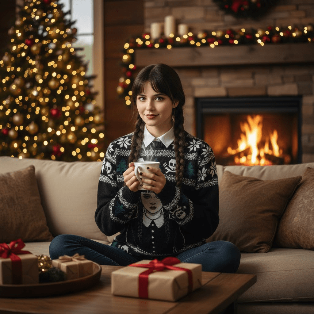 Nevermore Holiday: Wednesday Addams Christmas Ugly Sweater - Unisex Knit Jumper - Image 3