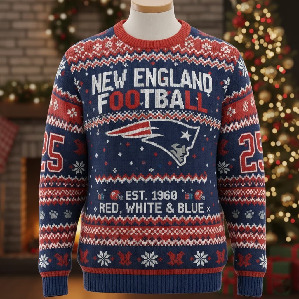 New England Patriots 2025 Ugly Christmas Sweater – NFL Festive Holiday Pullover - Image 1