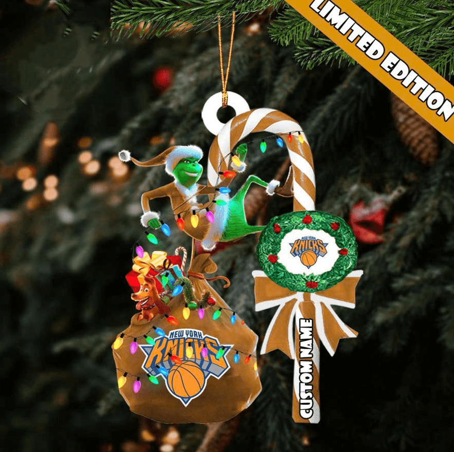 New York Knicks NBA Grinch Candy Cane Personalized Christmas Ornament – Custom Xmas Gift & Holiday Tree Decoration - Image 1