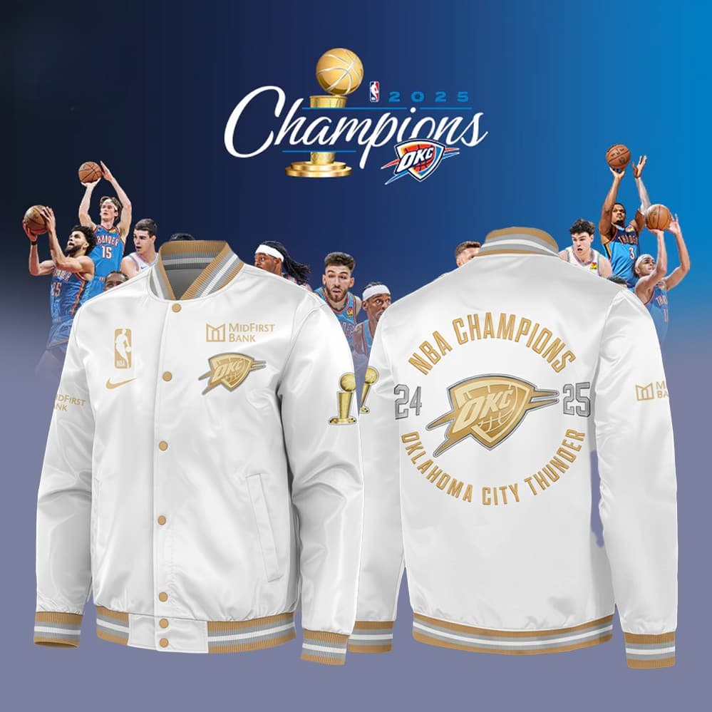Oklahoma City Thunder 2025 NBA Champions White Bomber Jacket - Image 1