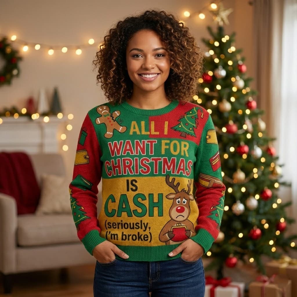 Ugly Christmas Sweater Funny Cash – “All I Want For Christmas Is Cash” - Image 4