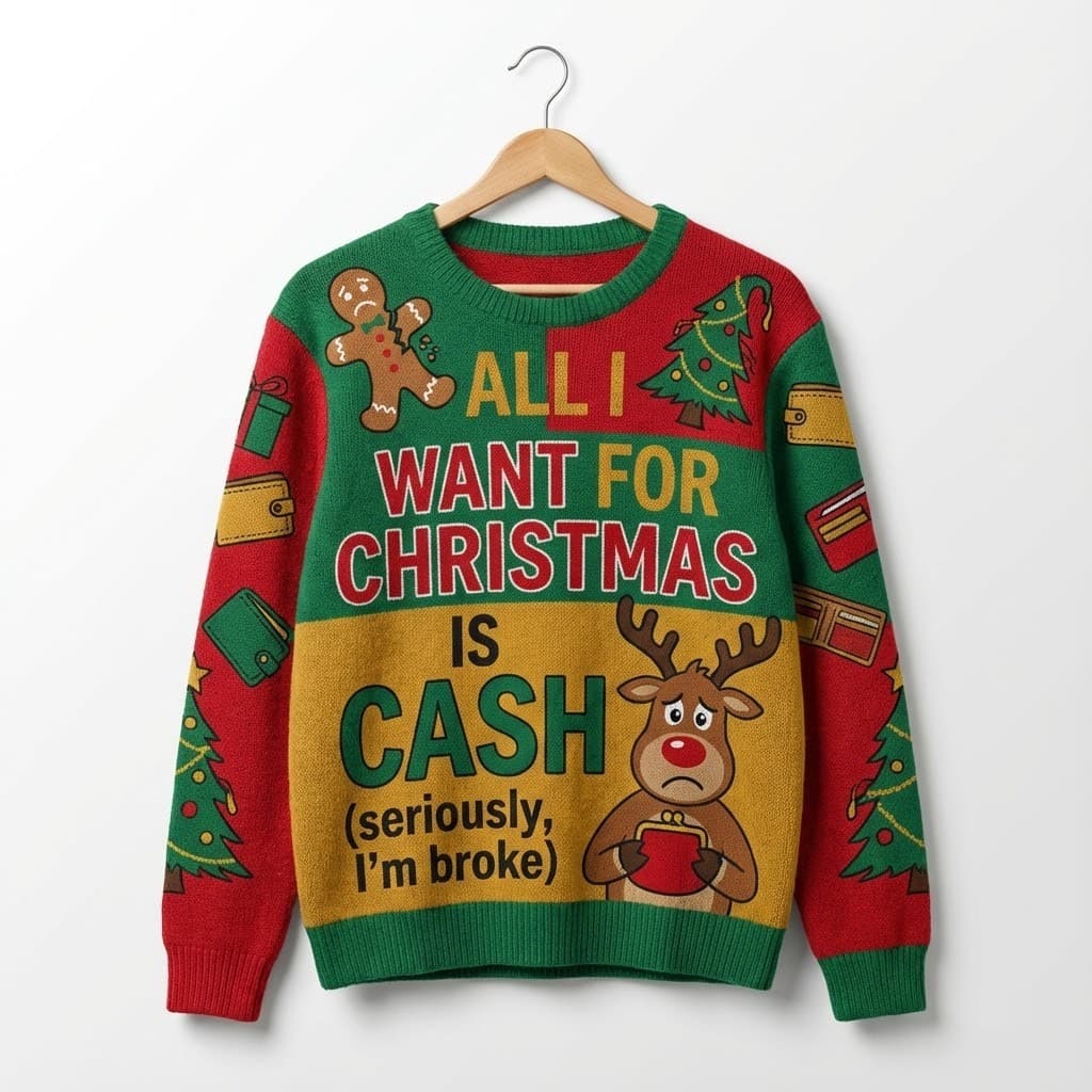 Ugly Christmas Sweater Funny Cash – “All I Want For Christmas Is Cash” - Image 1