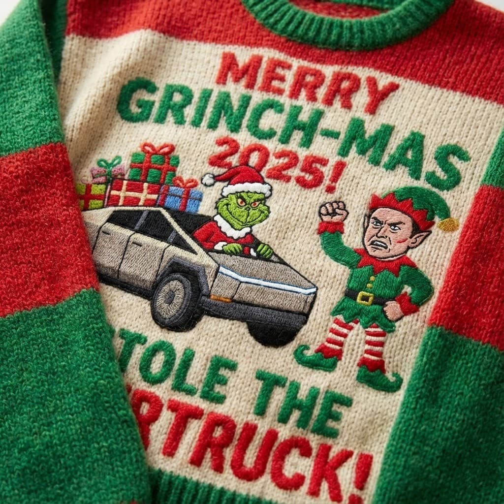 Ugly Christmas Sweater Grinch Cybertruck – “I Stole The Truck” 2025 Viral Tech Parody Knit - Image 3