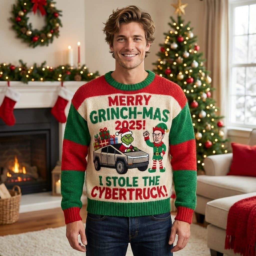 Ugly Christmas Sweater Grinch Cybertruck – “I Stole The Truck” 2025 Viral Tech Parody Knit - Image 2