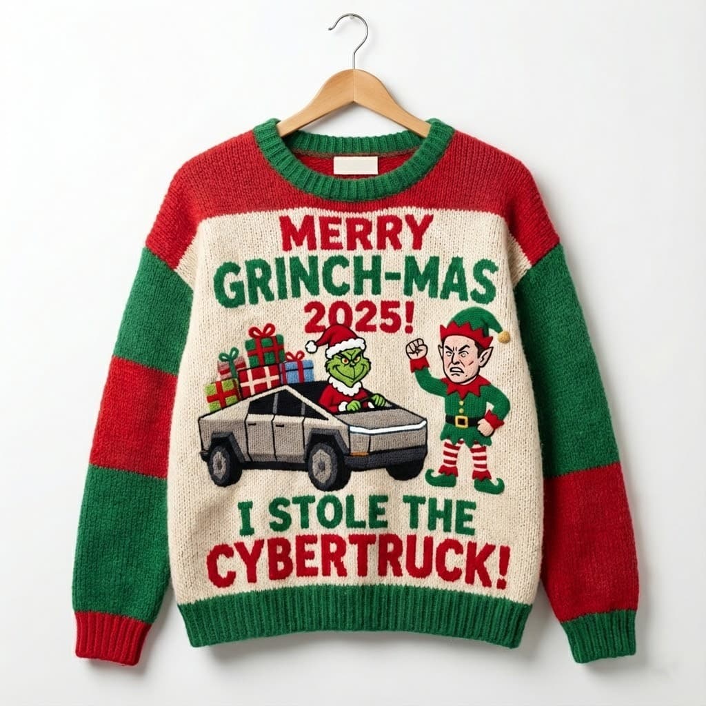 Ugly Christmas Sweater Grinch Cybertruck – “I Stole The Truck” 2025 Viral Tech Parody Knit - Image 1