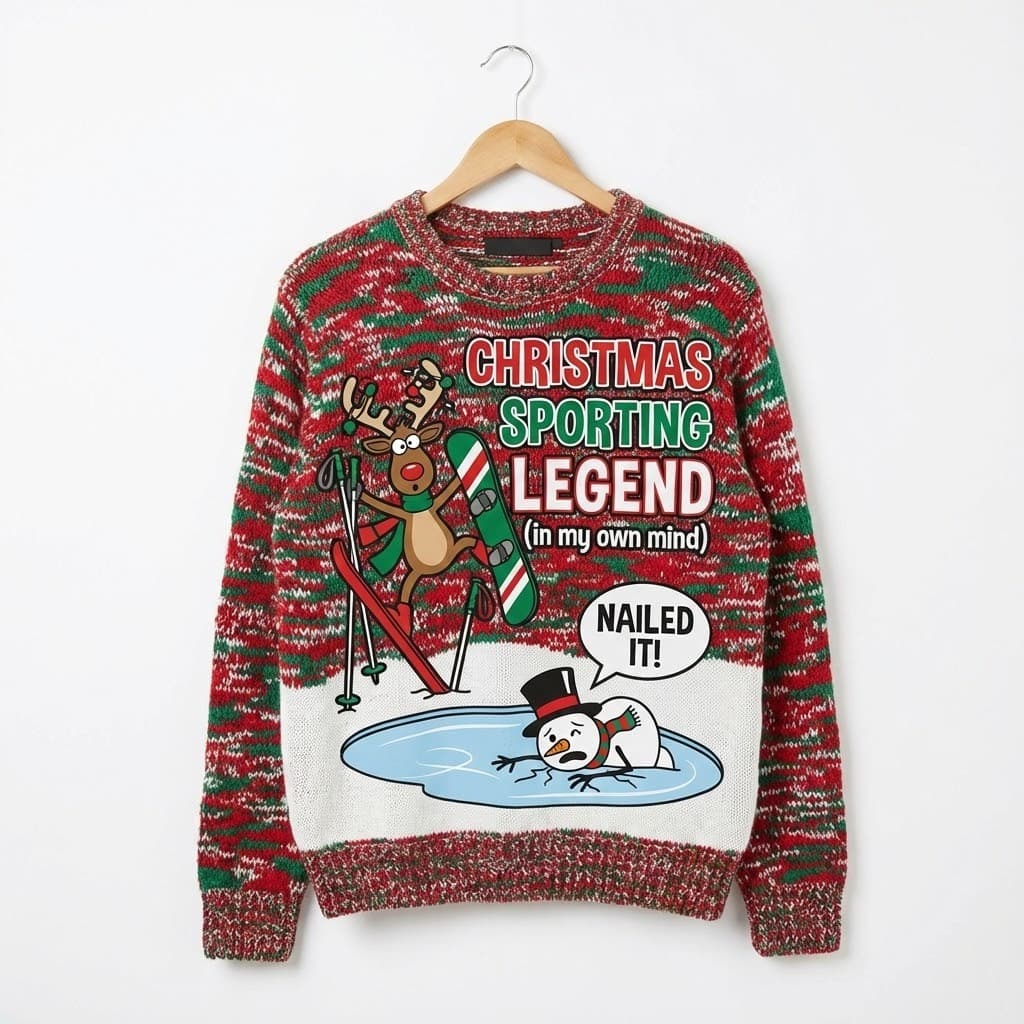 Ugly Christmas Sweater Skiing Reindeer – “Nailed It!” Sarcastic Sporting Legend Winter Pullover - Image 1