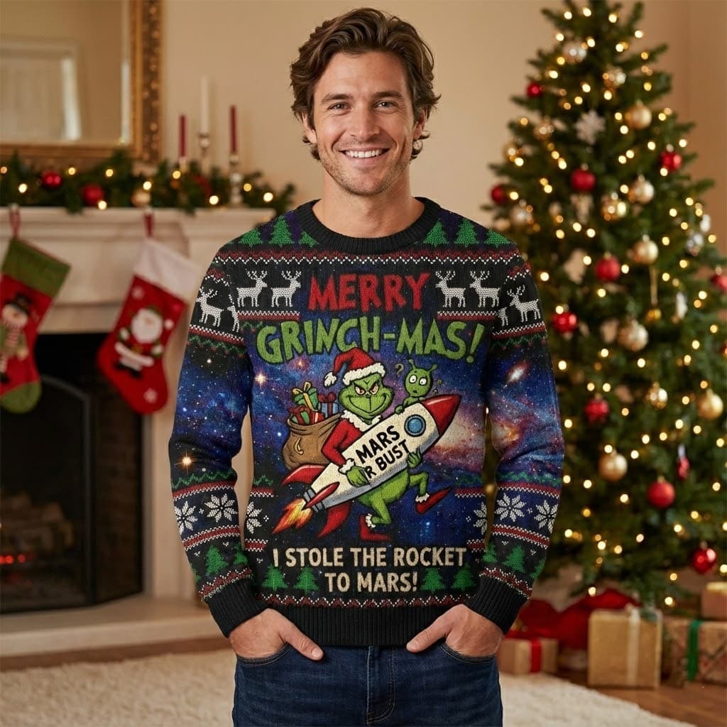 Ugly Christmas Sweater Space Grinch – “Mars Or Bust” Galaxy Theme Interstellar Funny Jumper - Image 2