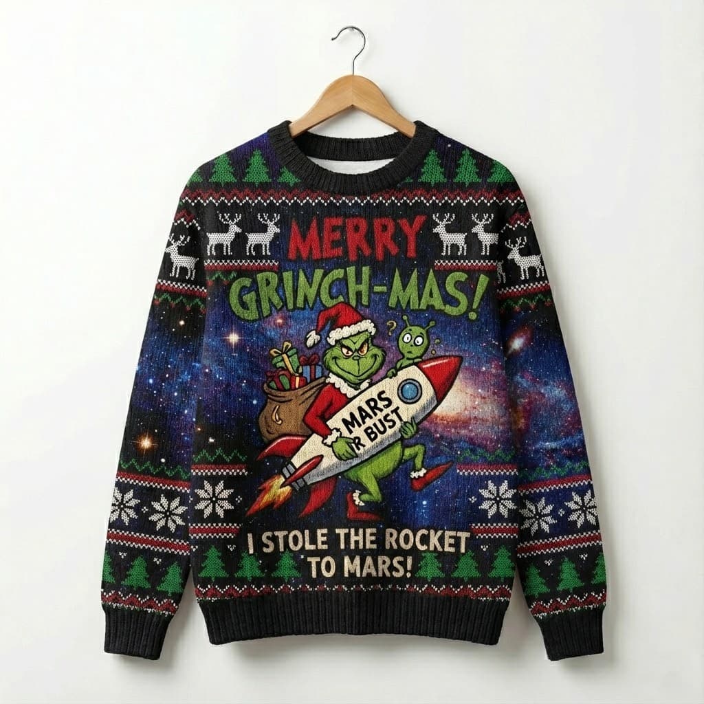 Ugly Christmas Sweater Space Grinch – “Mars Or Bust” Galaxy Theme Interstellar Funny Jumper - Image 1