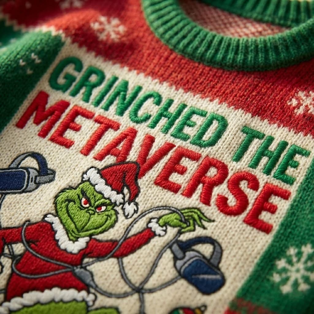Ugly Christmas Sweater Tech Grinch – “Grinched The Metaverse” VR Gamer Digital Satire Knit - Image 3