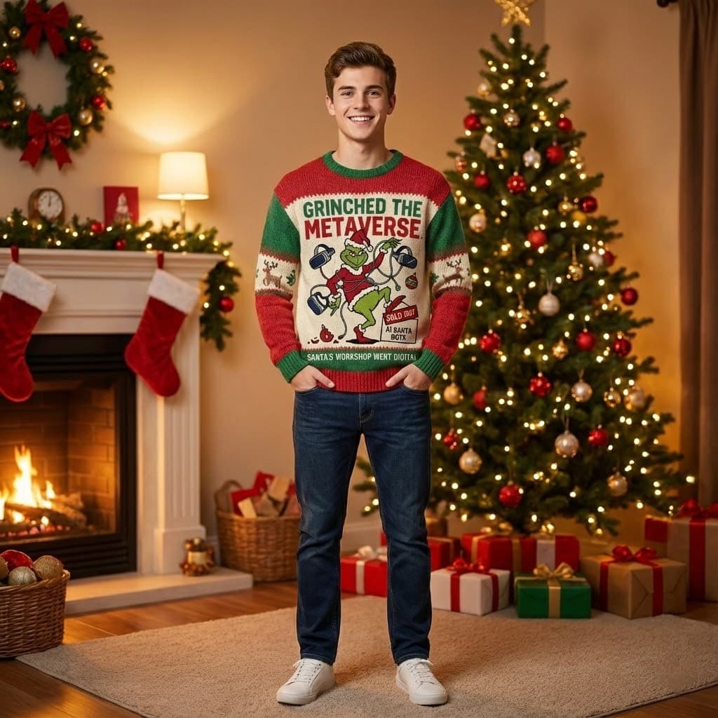 Ugly Christmas Sweater Tech Grinch – “Grinched The Metaverse” VR Gamer Digital Satire Knit - Image 2