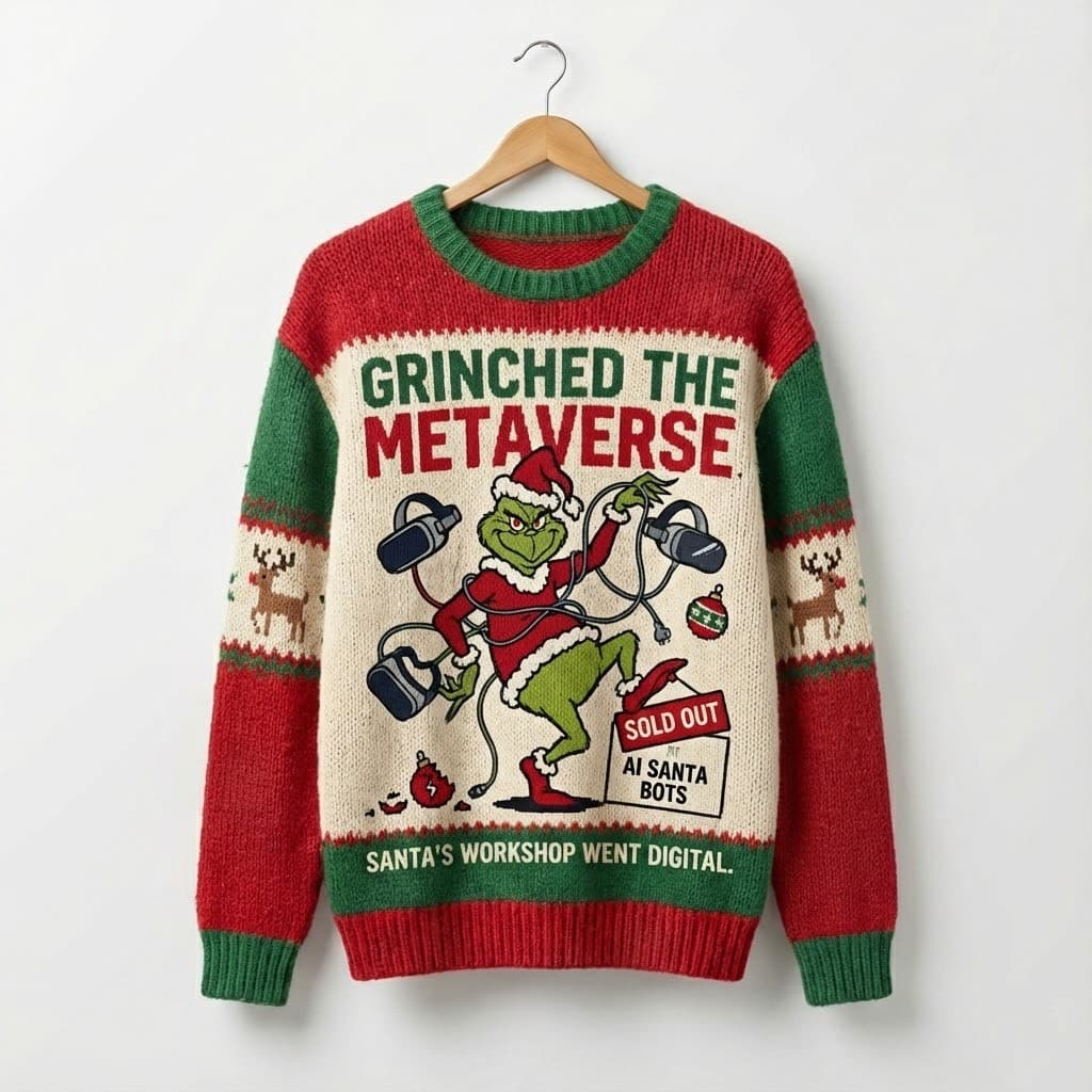 Ugly Christmas Sweater Tech Grinch – “Grinched The Metaverse” VR Gamer Digital Satire Knit - Image 1