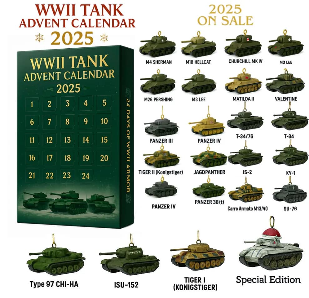 WWII Tank Advent Calendar 2025 - 24-Day Countdown with Military Ornaments - Image 1